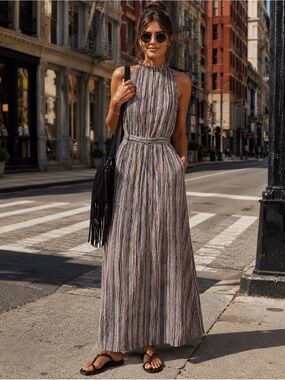 Bella D. Boho Pink and Black Soft Striped Sleeveless Maxi Dress EU SZ 42